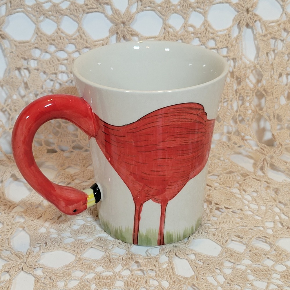 VTG Pier 1 Imports Flamingo Coffee Mug Pink Excellent 3D Hand painted Stoneware